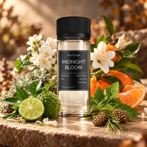 Scentihome Midnight Bloom Essential Oil 50ml with fresh citrus fruits, jasmine flowers, and green botanicals.