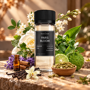 Scentihome Paris Bloom Essential Oil 50ml with white roses, delicate florals, bergamot, and sandalwood.