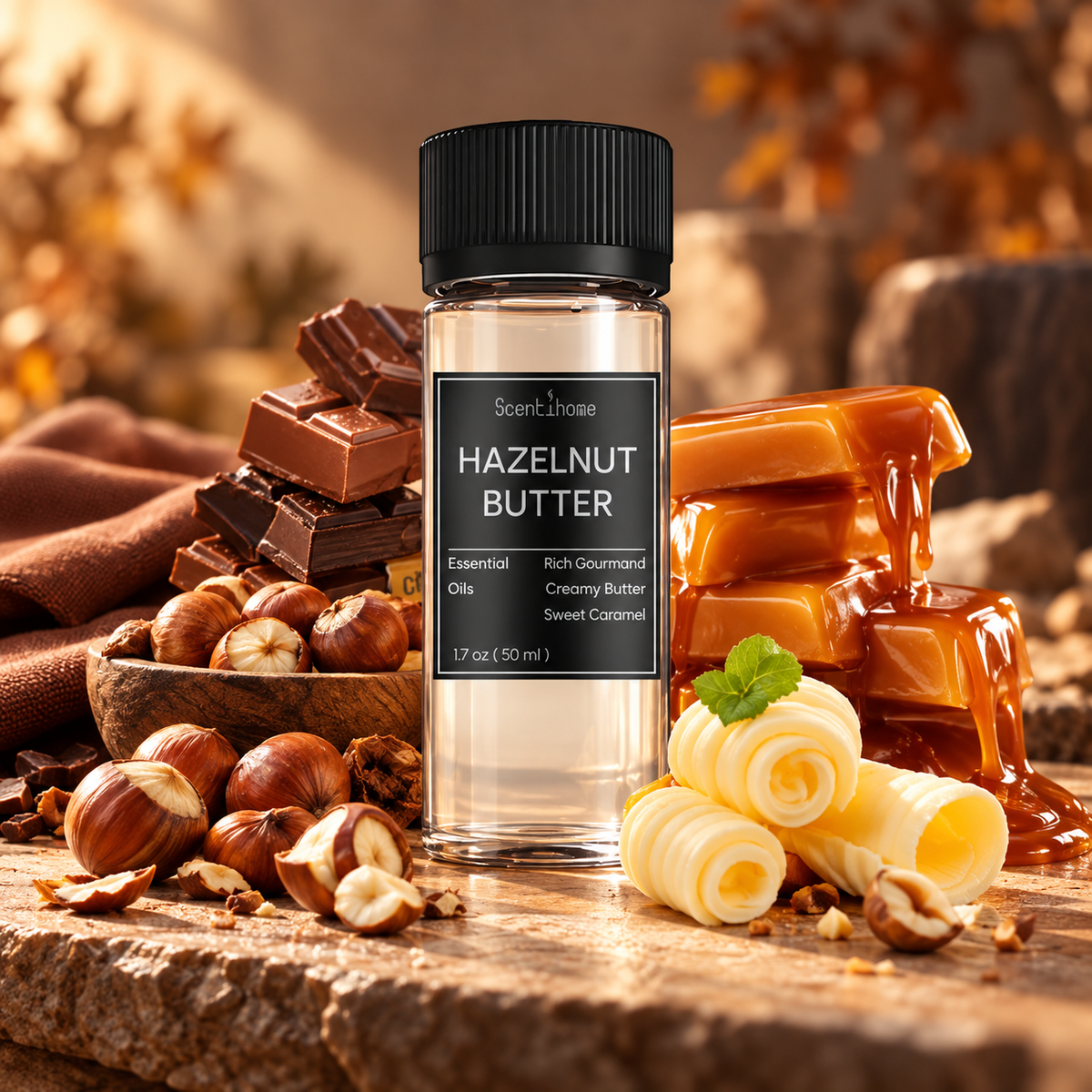 Scentihome Hazelnut Butter Essential Oil 50ml with roasted hazelnuts, creamy butter, chocolate, and caramel.