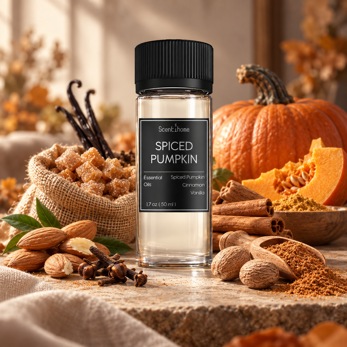 Scentihome Spiced Pumpkin Essential Oil 50ml with fresh pumpkin, cinnamon, nutmeg, almonds, and brown sugar.