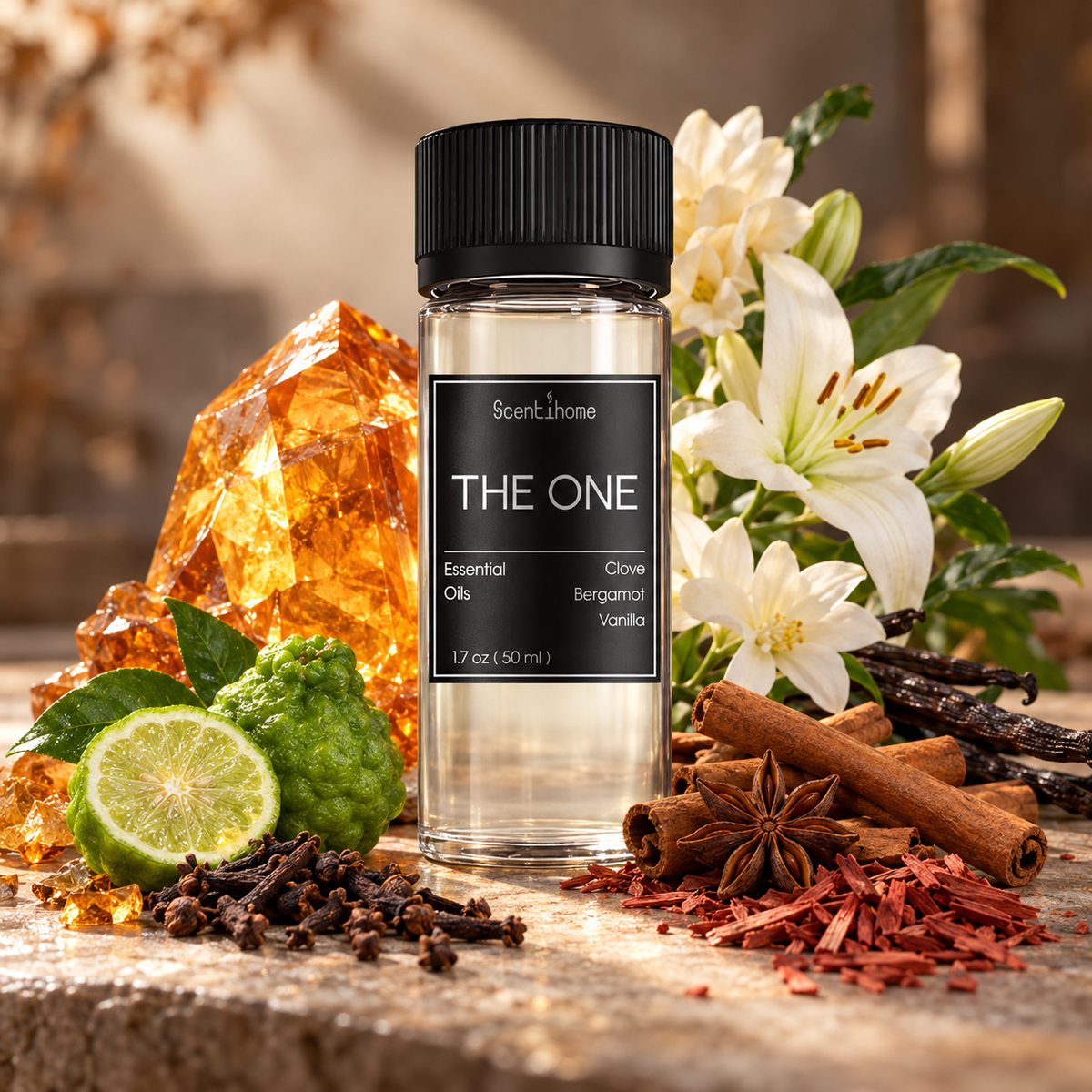 Scentihome The One Essential Oil 50ml surrounded by bergamot, cinnamon, cloves, white lilies, and vanilla.
