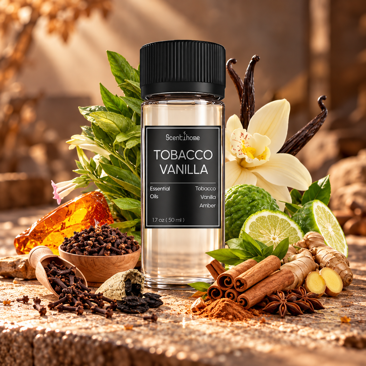 Scentihome Tobacco Vanilla Essential Oil 50ml surrounded by vanilla flowers, tobacco leaves, cloves, and warm spices.
